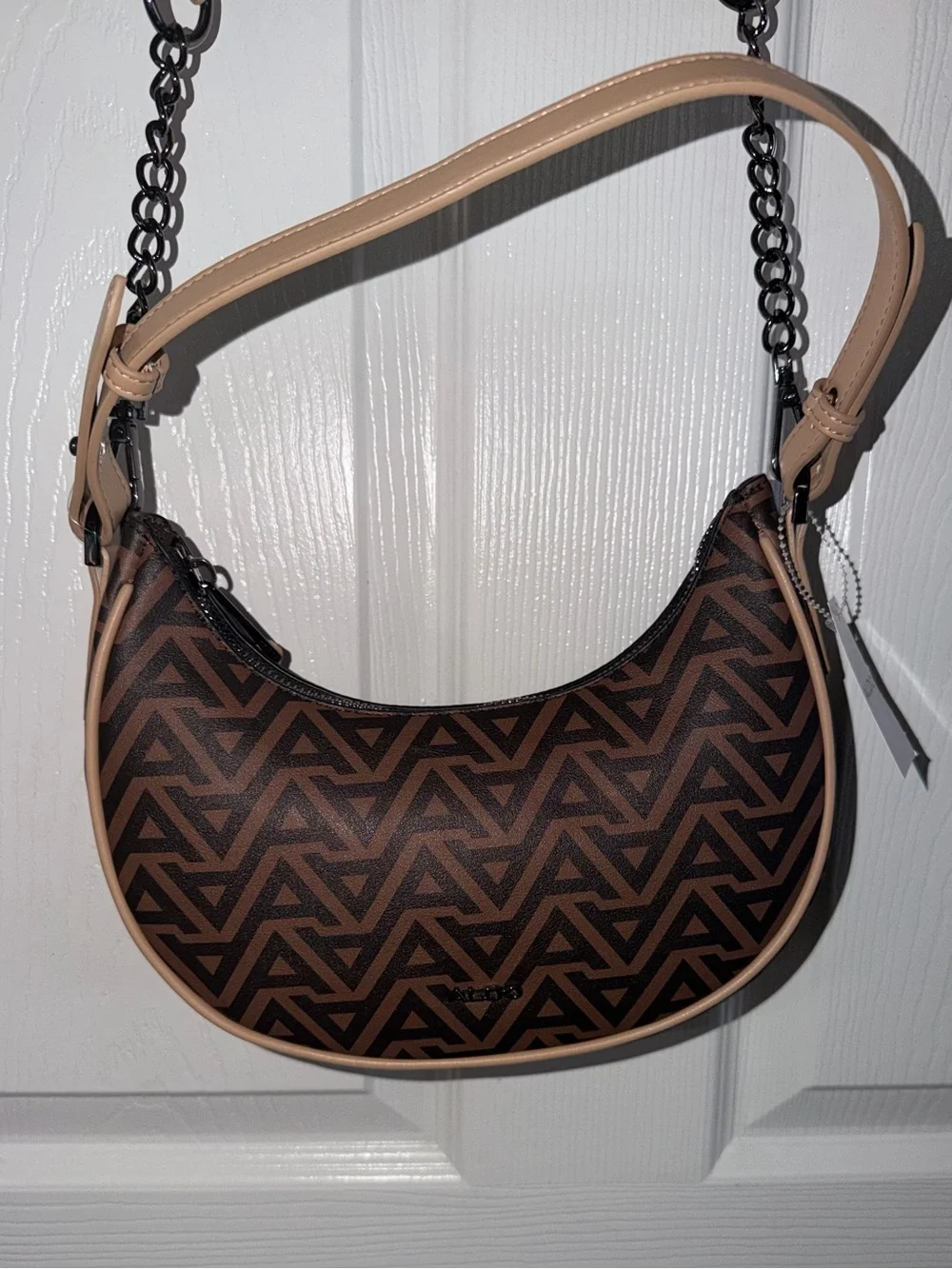 Aldo Brown and Beige Geometric Crescent Shoulder Bag
